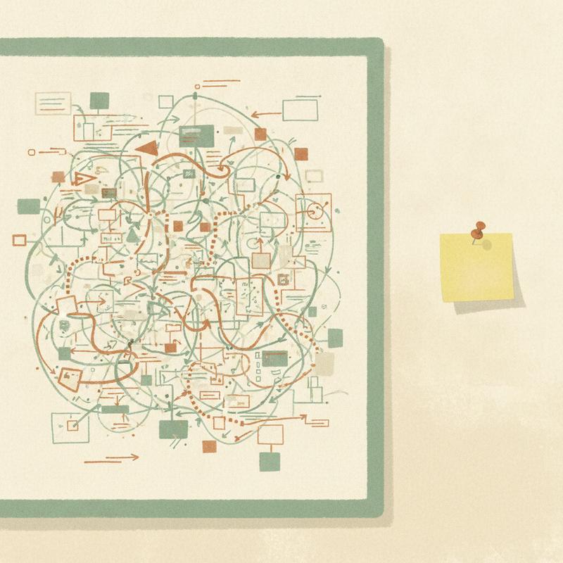 A cluttered five-year roadmap whiteboard beside a single small sticky note
