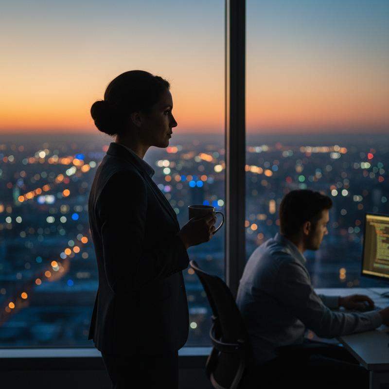 A leader gazes out an office window at dusk while behind them an employee is still hunched at a glowing screen