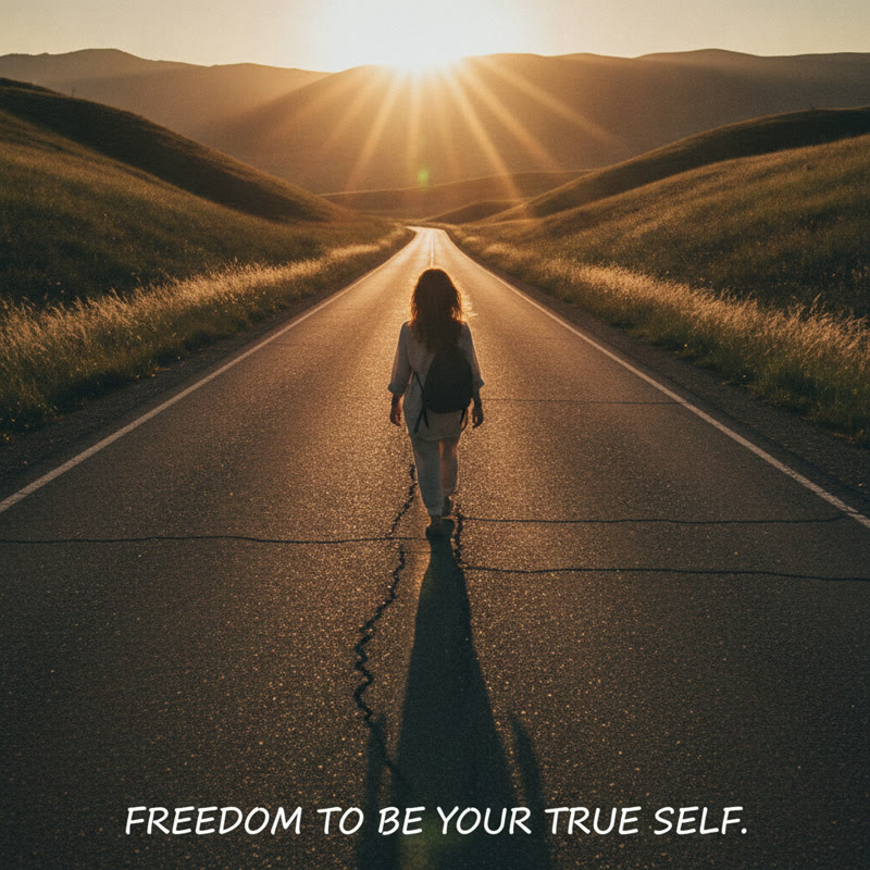 A person walking confidently down an open road toward a sunrise, viewed from behind, moving forward with purpose and ease