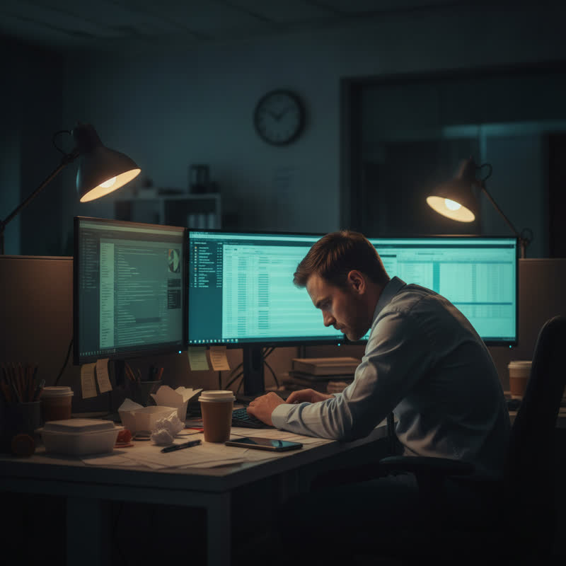 A weary professional works late at night, surrounded by glowing screens, visibly exhausted