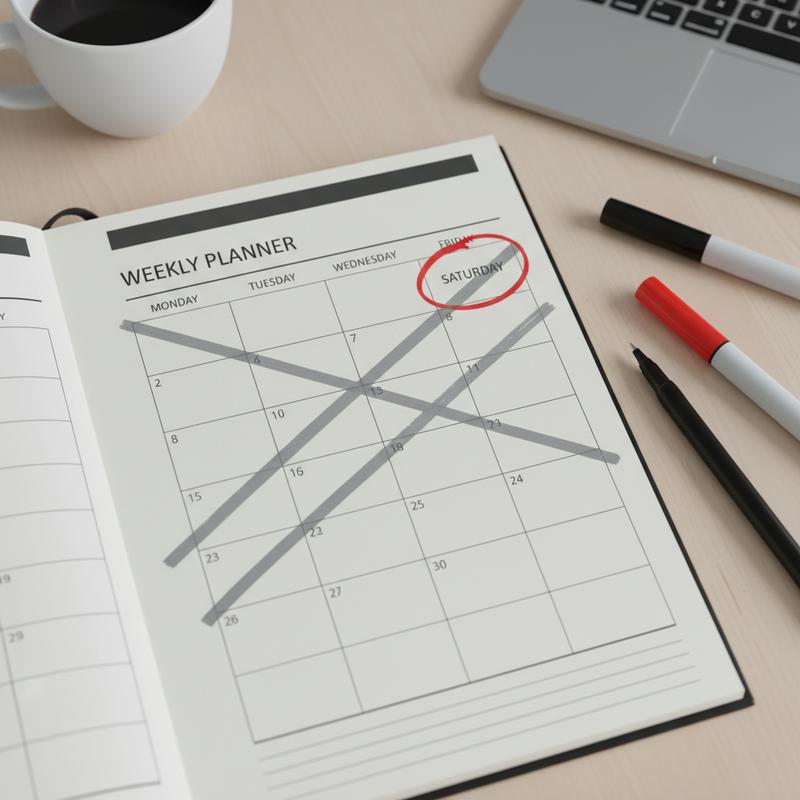 A weekly planner with weekdays crossed out and Saturday circled in red