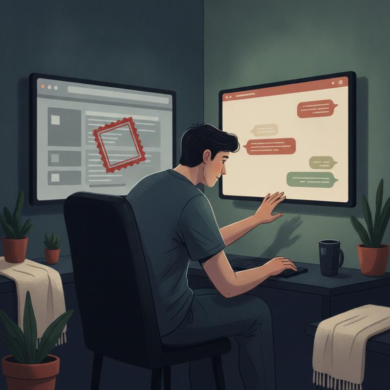 A developer at night turns away from a grey forum page marked with a red stamp and reaches toward a warm chat window on a second screen