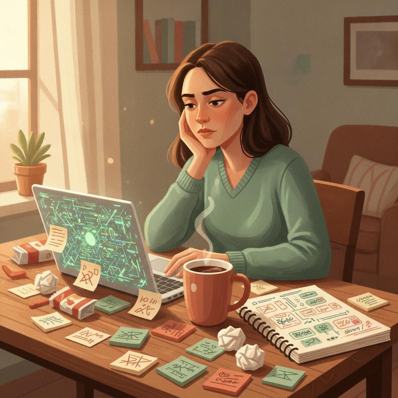 An engineer sits at a wooden desk covered in crossed-out sticky notes and a notebook full of sketched fixes, chin in hand, a laptop of tangled diagrams in front of her
