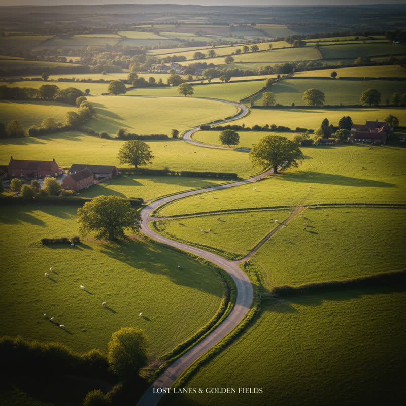 A winding country road photographed from above, with multiple branching paths