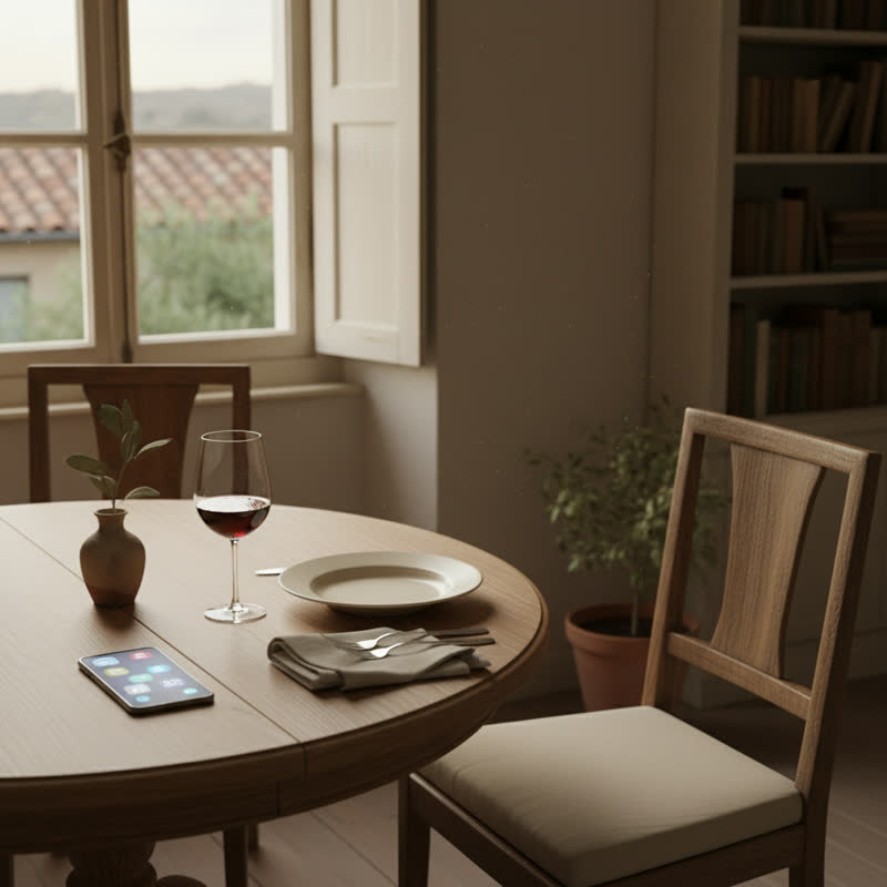 A dining table set for one, a phone face-up beside the empty plate, an untouched glass of wine, evening light through the window, the chair across the table empty