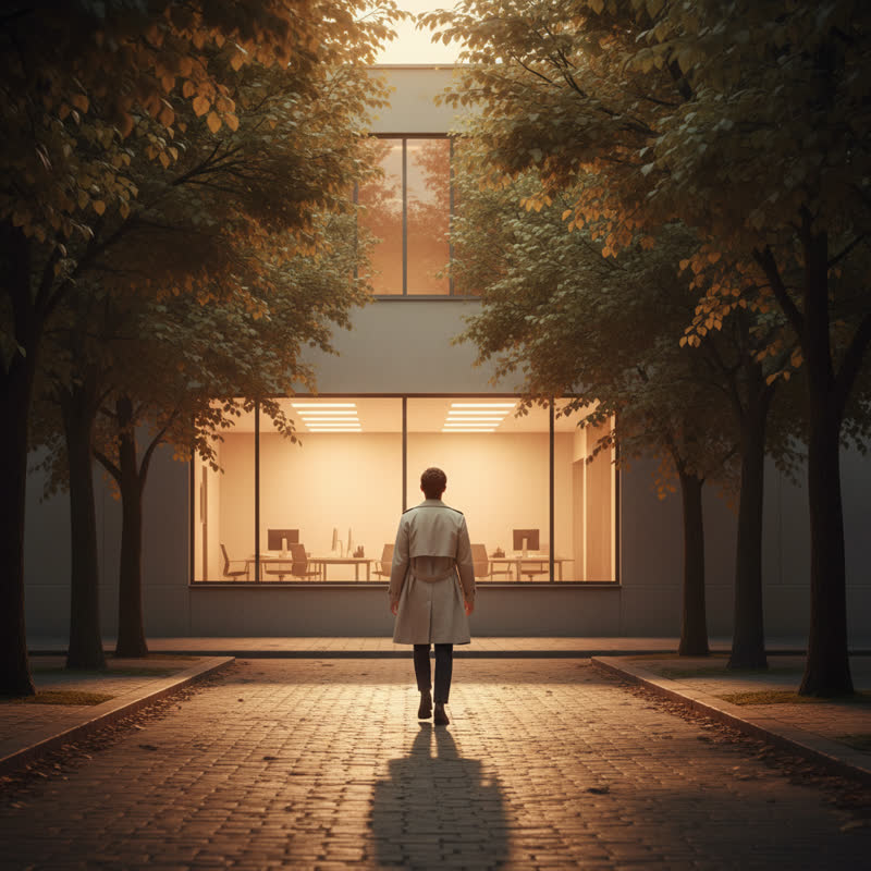 A person walking away from a brightly lit office window at dusk, stepping out into a tree-lined street with long golden shadows