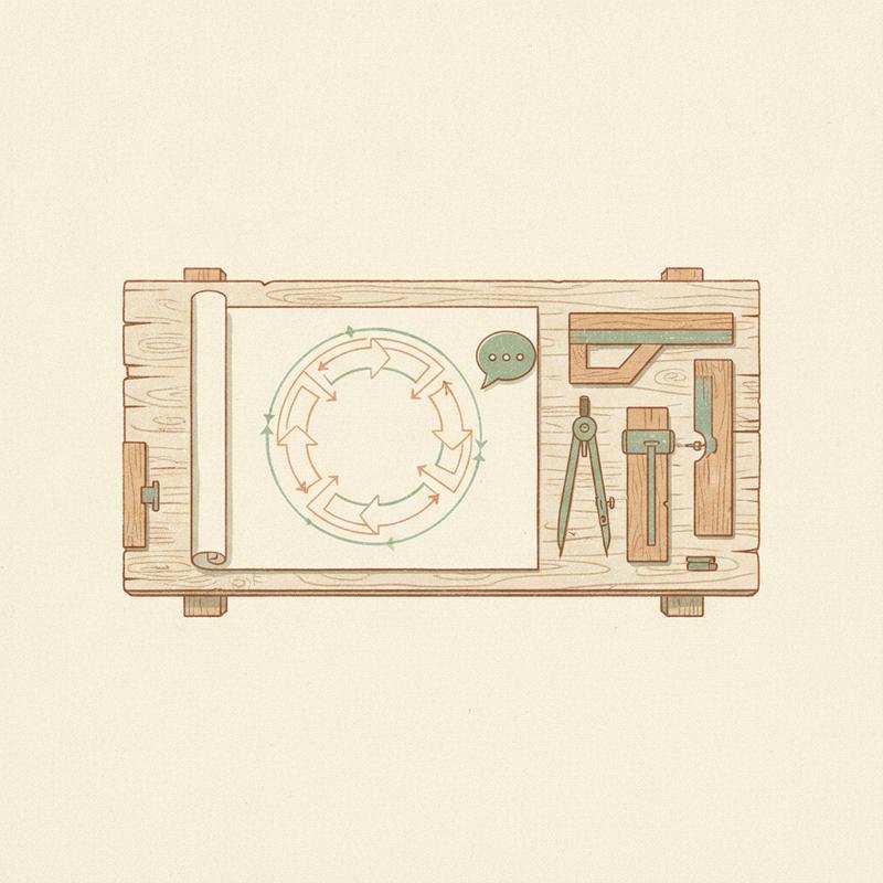 A workbench seen from above with a workflow blueprint pinned down, measuring tools and jigs arranged beside a small chat window
