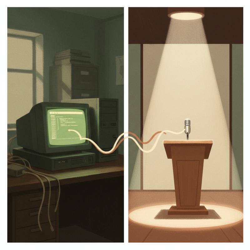 A glowing green computer terminal on the left connected by a flowing line to a spotlit conference stage on the right